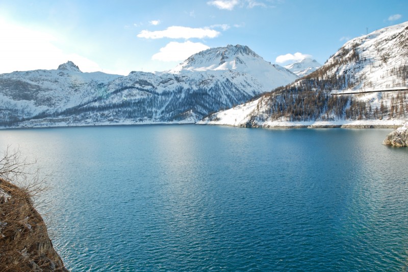 Lake Lac du Chevril in Tarentaise Valley in winter, Paradiski skiing region, France
