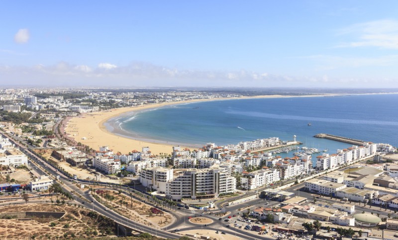 Morocco, view the beach and the marina of Agadir